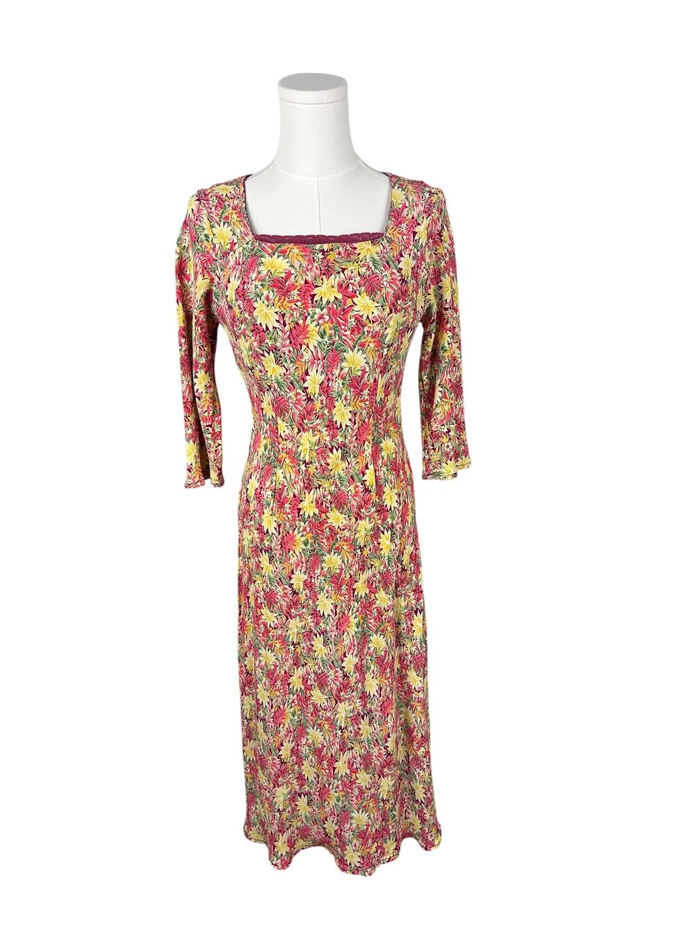 April Cornell 80s Cottage Red Orange Square Neck Half Sleeve Midi Dress S